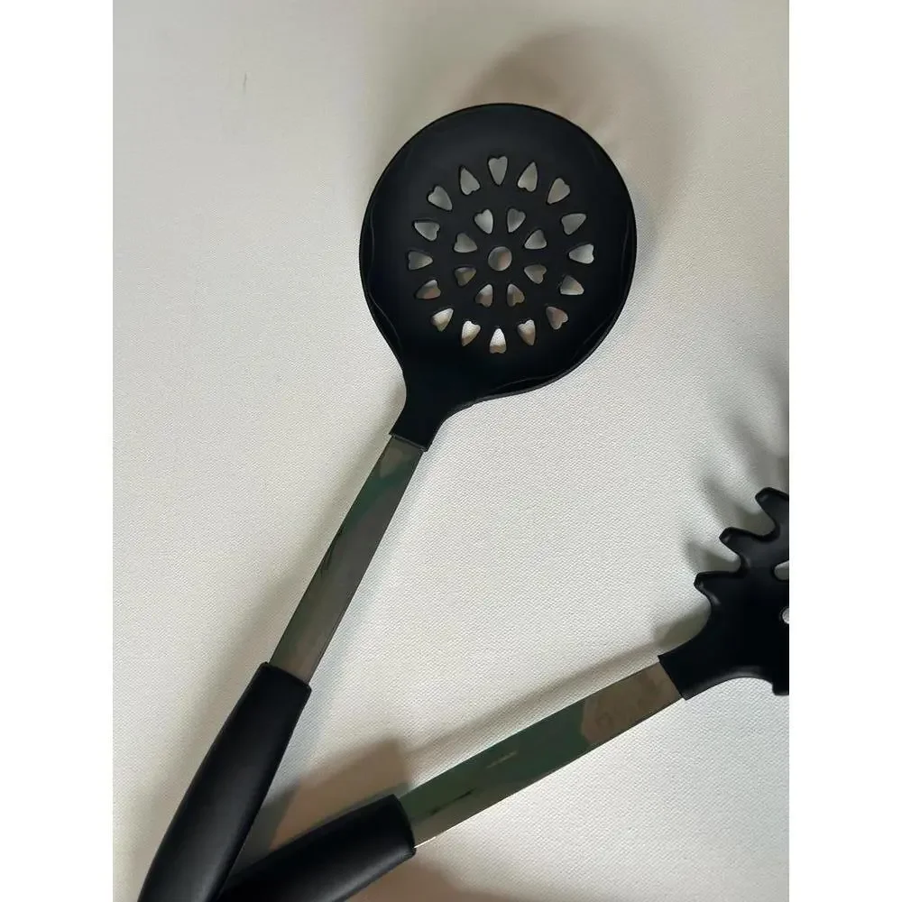 6 piece set of black silicone kitchen utensils with stainless steel handles